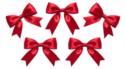 Five red satin bows isolated on transparent background, perfect for gift wrapping, decoration, and festive occasions