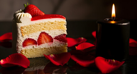 Strawberry Delight: A Slice of Sweetness Amidst Rose Petals and Candle's Gentle Glow