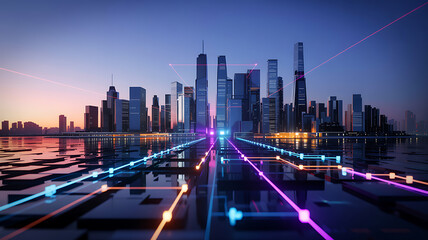 Futuristic cityscape with glowing digital network lines at dusk image photo