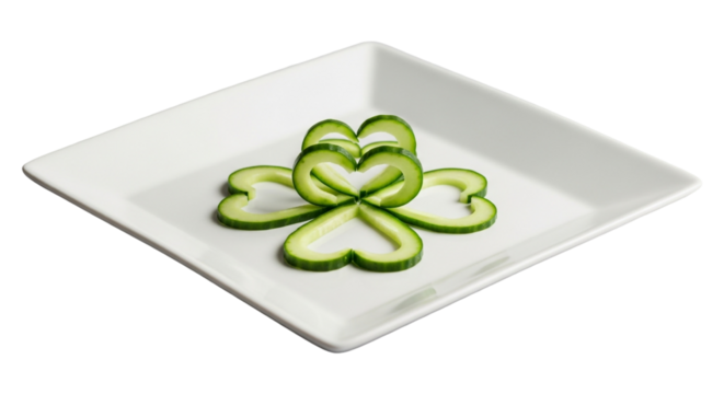 Closeup of a cucumber shamrock on a white plate isolated on transparent background, representing luck and healthy eating