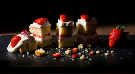Deconstructed strawberry shortcake squares served on slate platter under spotlight