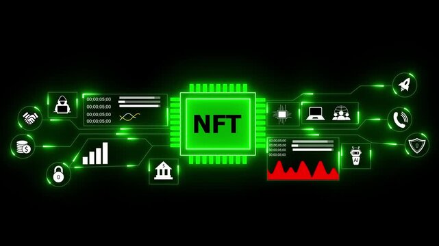 Digital network interface displaying nft technology with icons for finance security. NFT technology connects blockchain and finance. Digital innovation drives trading and virtual assets - Powered by Adobe