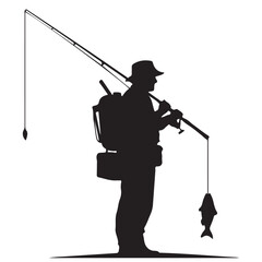Fisherman Silhouette with Rod, Backpack, and Caught Fish