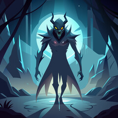 Halloween Witch Flying on Broom with Cat Moon and Bats Cartoon Illustration