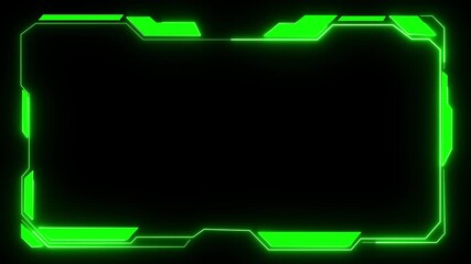 Neon HUD frame represents futuristic technology. Digital interface shows data and innovation. Futuristic neon green digital interface frame with geometric shapes and glowing lines on a black. - Powered by Adobe
