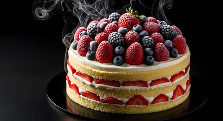Luscious layered fruit cake on a black platter with vaporous smoke swirls