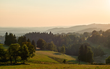 Obraz premium Golden hour light bathes rolling hills and forests