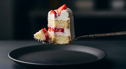 Elegant strawberry shortcake slice balanced on vintage serving fork for sweet indulgence