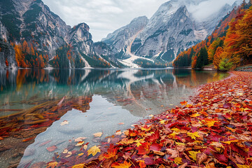 Tranquil scene of Lake Braies in autumn, with the shoreline covered in a blanket of fallen leaves in shades of red, orange, and yellow, 