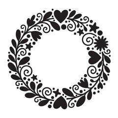 Stylized Black Wreath with Hearts, Stars, and Floral Accents