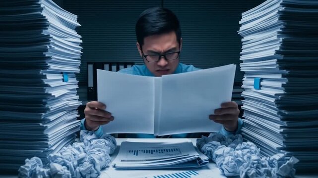 Frustrated Person Reading Paperwork with Too Much Work