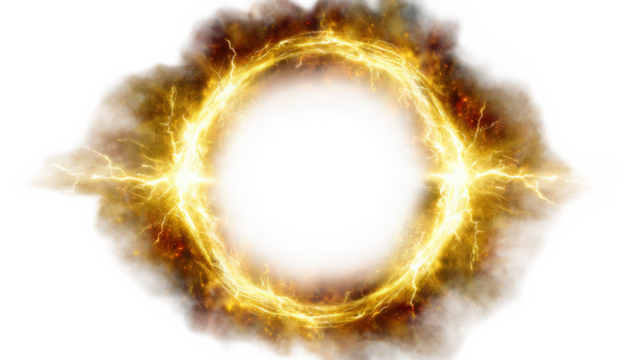 Bright glowing golden energy ring with swirling light and dramatic bursts creating an ethereal, otherworldly atmosphere in space