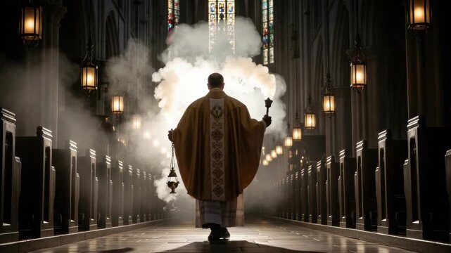 Solemn procession of clergy in cathedral with incense and light streaming through stained glass