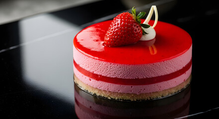Exquisite Strawberry Mousse Cake with a Lustrous Glaze on a Dark Surface