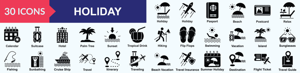 Holiday icon set. Containing traveling, beach vacation, travel insurance, summer holiday, holiday destination, flight ticket, travel guide