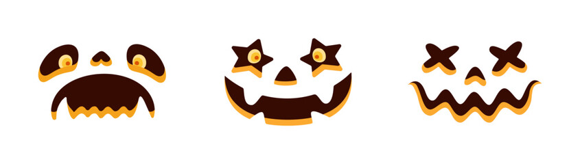 Spooky Halloween pumpkin faces set. various expressions. cartoon flat style. Bright colorful vector illustration perfect for Halloween, party decoration, stickers, packaging, or digital design