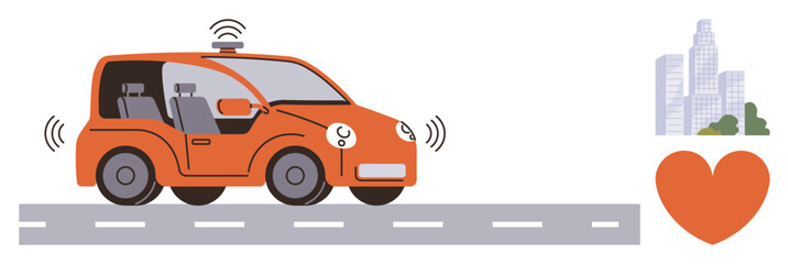 Naklejka premium Orange self-driving car moving on road with signal waves, minimal city skyline, and a heart icon. Ideal for technology, transportation, innovation, urban mobility, sustainability, smart cities