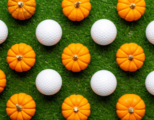 Golf balls and pumpkins arranged on green grass for a unique autumn theme