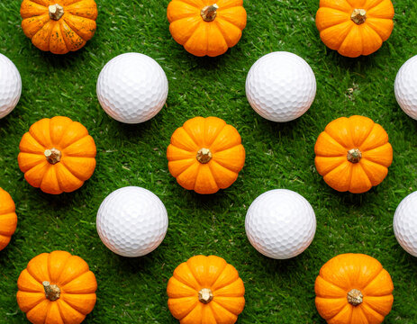Golf balls and pumpkins arranged on green grass for a unique autumn theme