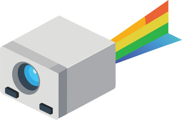 Compact isometric projector illustration displaying rainbow light spectrum vector art