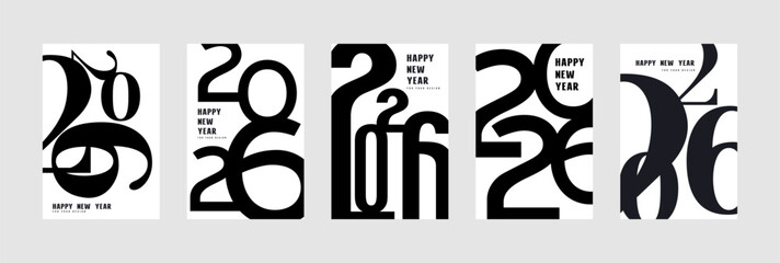 Happy new year 2026 poster set. Black and white typographic theme