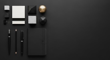 Minimalist Flat Lay of Office Supplies and Geometric Objects on Black