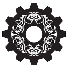 Monochrome Gear Illustration with Ornate Filigree Design
