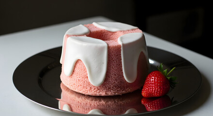 Delicate pink cake with glistening white icing and vibrant strawberry adornment