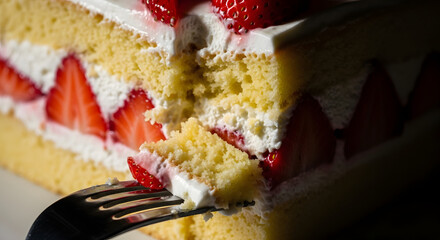 Delectable strawberry shortcake slice with sweet cream and tantalizing forkful