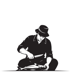 Man Filleting Fish with Knife, Black and White Illustration