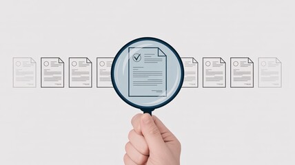 Document review and approval process with magnifying glass and hand icon