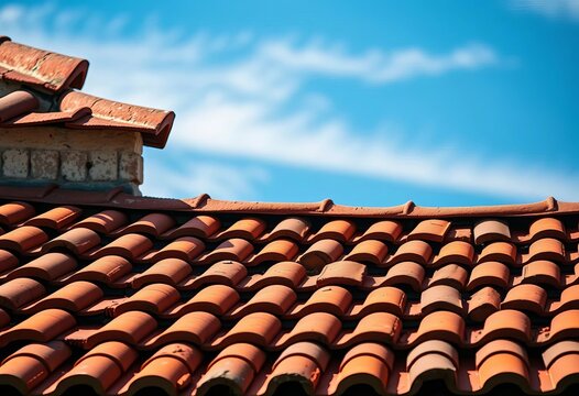 Rustic terracotta roof tiles against a vibrant blue sky,  home,  background