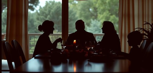 Silhouette of family seated around a dinner table, enjoying a meal, stock photo, simple
