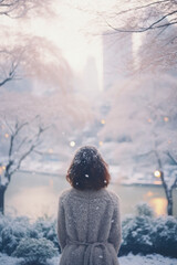 Woman standing in snowy park with soft pink trees on a winter morning