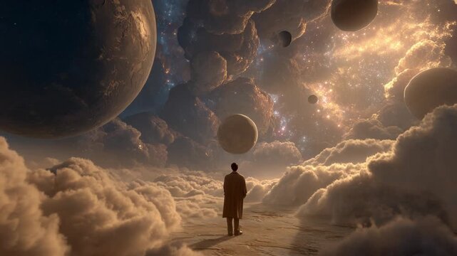 3D abstract surreal animation of a man amidst sculpted exoplanets, dark cosmic elements, and dreamlike universe tones expressing emotional tension