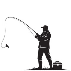 Fisherman Silhouette with Rod and Caught Fish