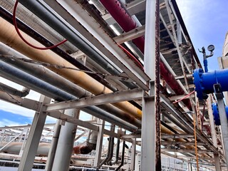 Dense network of industrial pipes and steel support structure in a refinery or power plant, set against a blue sky with rising steam. Focus on the aging metallic infrastructure.