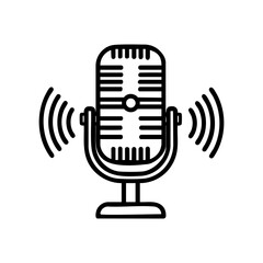 Vector art of a simple black and white line art icon representing a vintage microphone with sound waves, isolated on a