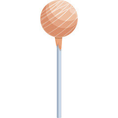 Single Peach Colored Round Lollipop Candy on a Light Blue Stick with White Drizzle on a Transparent Background