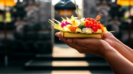 Offering of colorful flowers held in hands at a serene temple entrance