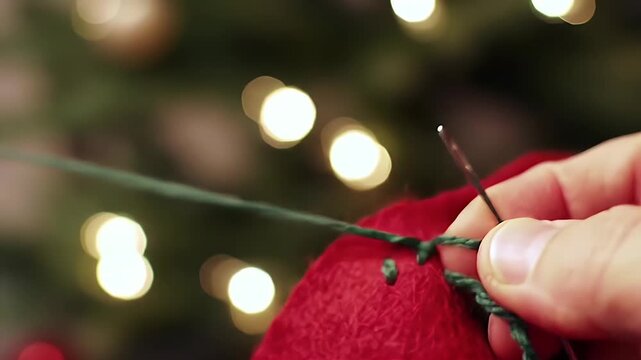 Hands sewing red fabric with Christmas lights.