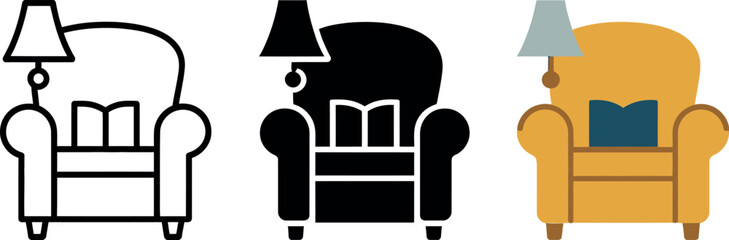 Cozy Armchair with Lamp and Book Graphic Illustration for Relaxation and Home Decor