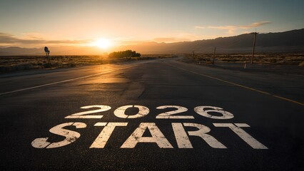 2026 start text on road under sunrise symbolizing new beginning