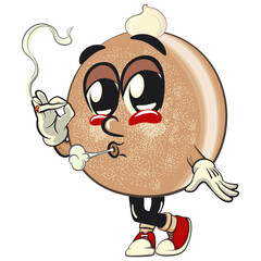 cute sugar donut bun mascot cartoon character vector illustration smoke calmly, sweet bakery dessert food icon isolated, work of hand drawn