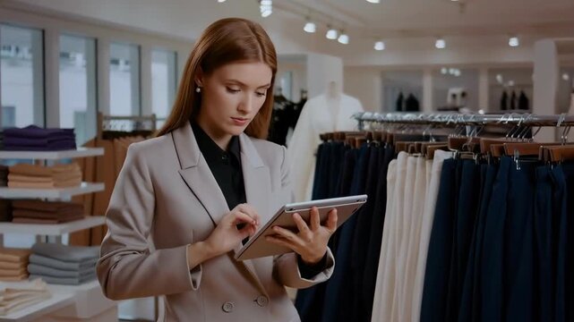 Woman in a beige suit using a tablet in a clothing store