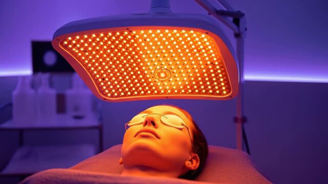 Woman receiving led light therapy facial treatment for skin rejuvenation and acne reduction in a spa setting