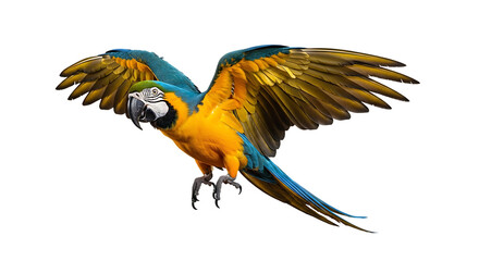 Majestic blue and yellow parrot in full flight, displaying its wide wingspan on a clean transparent background for versatile use