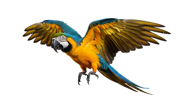 Majestic blue and yellow parrot in full flight, displaying its wide wingspan on a clean transparent background for versatile use
