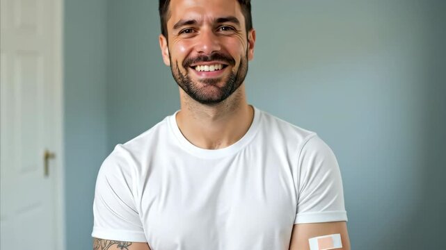 handsome young smiling bearded caucasian man in white t-shirt with band-aid on arm after vaccination with covid-19 vaccine. coronavirus pandemic prevention, healthcare. immunization, public health