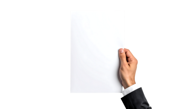 ビジネスマンの手に持たれた白いA4用紙のモックアップ｜背景なし・透過PNG・コピースペース